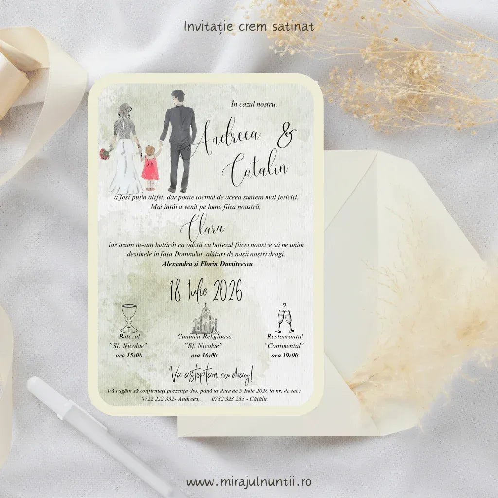 Invitație de nuntă și botez cod Magnific C.23, cu mirii și fetița desenați în acuarelă și iconițe pentru botez, cununie și restaurant.