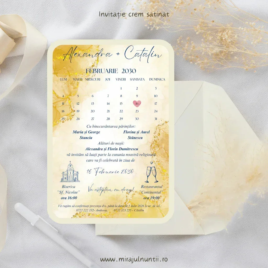 Invitație de nuntă cu calendar și foiță aurie pe fundal în acuarelă crem, model Magnific C.18-10018