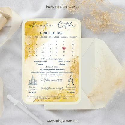Invitație de nuntă cu calendar și foiță aurie pe fundal în acuarelă crem, model Magnific C.18-10018