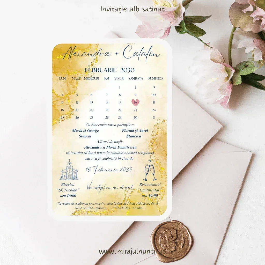 Invitație de nuntă crem și auriu cu luna nunții în calendar, personalizată, cod C.18-10018