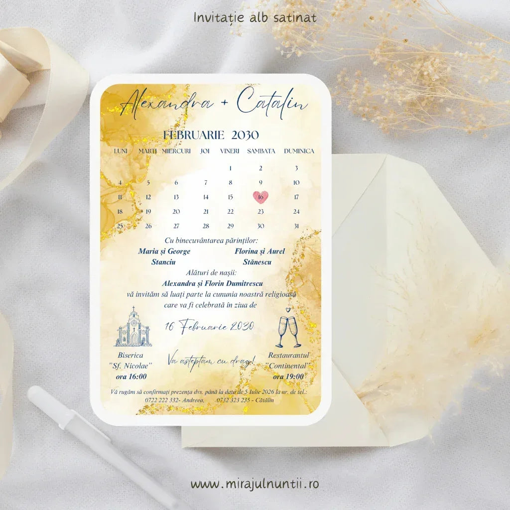 Invitație de nuntă pe acuarelă crem-aurie cu foiță aurie, nume caligrafice și calendar cu inimioară, cod Magnific C.18-10018