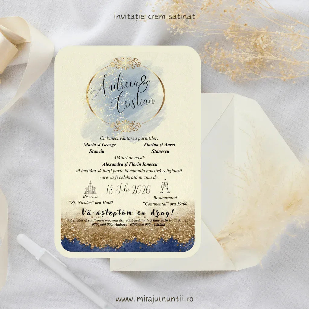 Invitație de nuntă cod Magnific C.35 cu cerc auriu și ornamente fine peste acuarelă bleu.