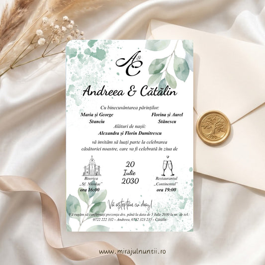 Invitație de nuntă C.48 cu monograma și numele mirilor, părinții, nașii, data, biserica și restaurantul, crenguțe de eucalipt și stropi de acuarelă verde pe fond alb, așezată pe mătase crem lângă un plic cu sigiliu de decor