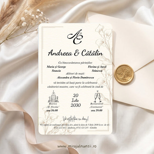 Invitație de nuntă cod C.57-10057 cu crini cala desenați în tonuri de bej-arămiu, chenar arămiu fin în colțuri, pe fond crem, cu texte în culoare închisă și numele mirilor caligrafic