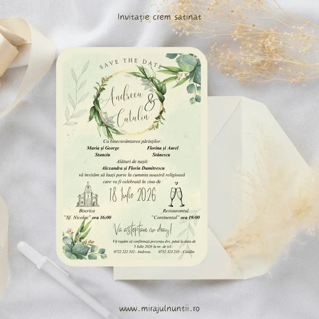 Invitație de nuntă cod Magnific C.25 pe carton crem satinat, cu coroniță aurie, eucalipt și fundal acuarelă verde-mentă.