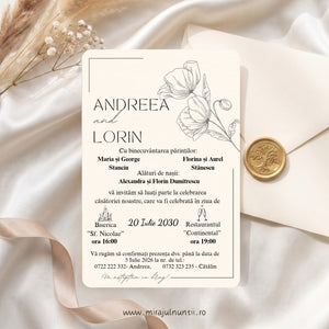 Invitație de nuntă C.52 cu flori de mac desenate în linie fină pe fond crem: numele Andreea și Lorin, textul invitației cu părinții, nașii, biserica și restaurantul în gri-grafit, colțuri din linii fine, plic alb cu sigiliu auriu în fundal