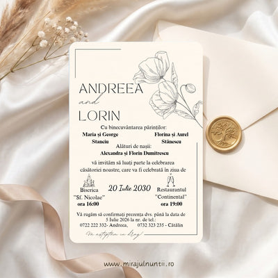 Invitație de nuntă C.52 cu flori de mac desenate în linie fină pe fond crem: numele Andreea și Lorin, textul invitației cu părinții, nașii, biserica și restaurantul în gri-grafit, colțuri din linii fine, plic alb cu sigiliu auriu în fundal