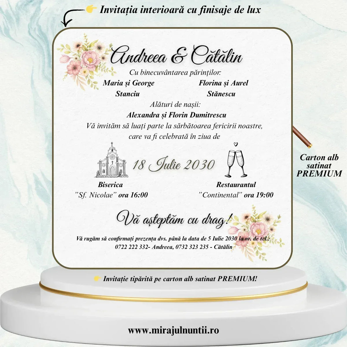 Invitație de nuntă cu flori roz în acuarelă și monogramă, cod Miraj 7721 – imaginea 2