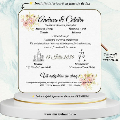 Invitație de nuntă cu flori roz în acuarelă și monogramă, cod Miraj 7721 – imaginea 2
