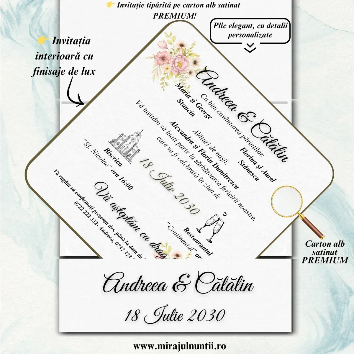 Invitație de nuntă cu flori roz în acuarelă și monogramă, cod Miraj 7721 – imaginea 3