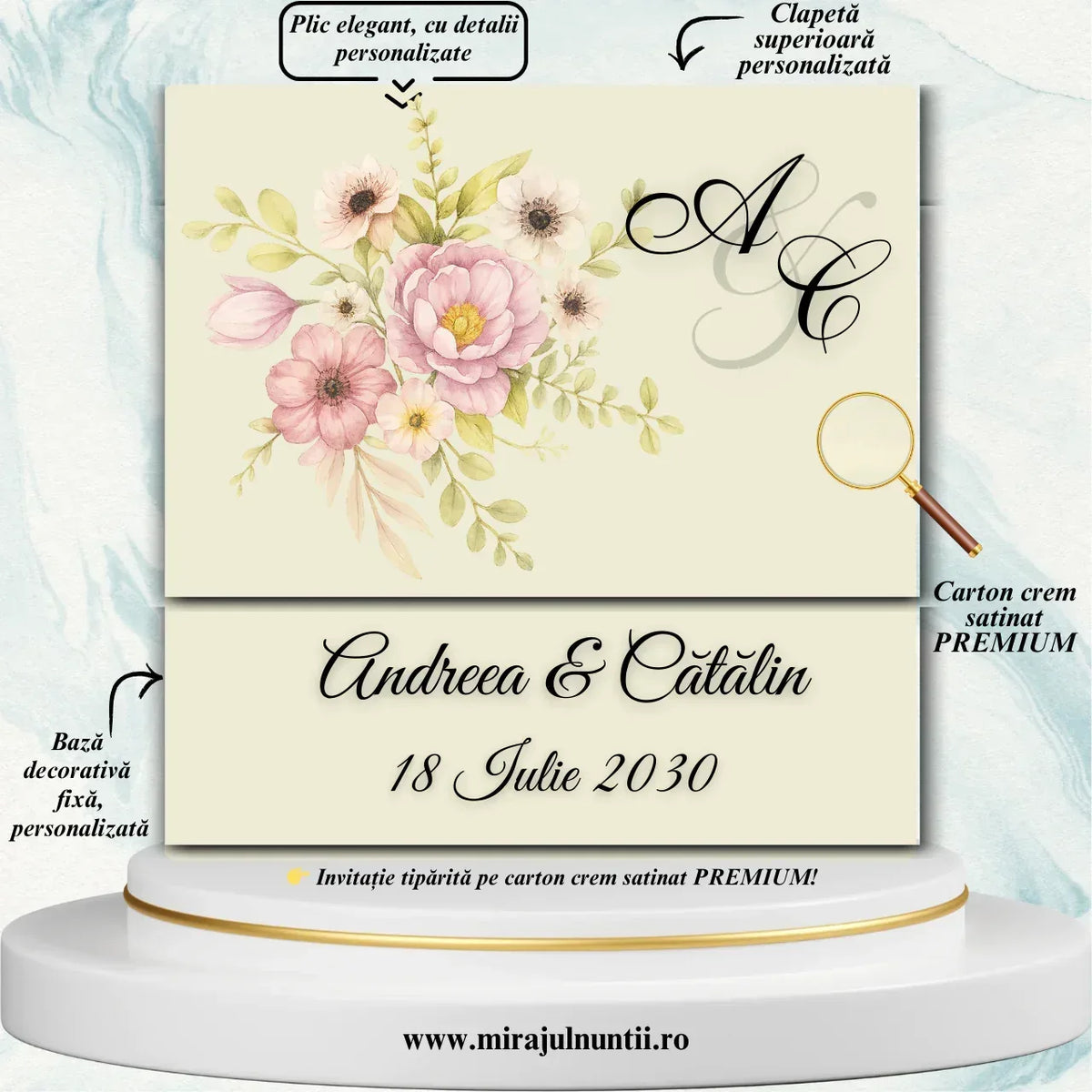 Invitație de nuntă cu flori roz în acuarelă și monogramă, cod Miraj 7721 – imaginea 4