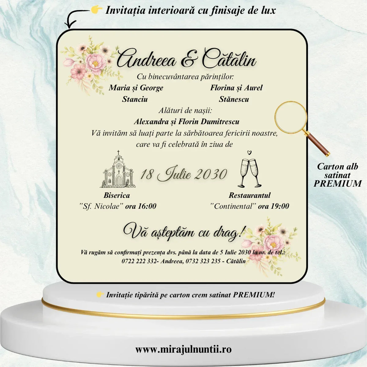 Invitație de nuntă cu flori roz în acuarelă și monogramă, cod Miraj 7721 – imaginea 5