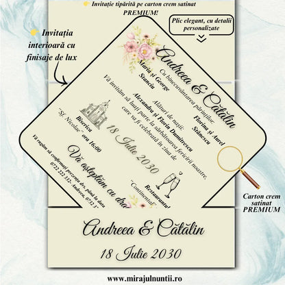 Invitație de nuntă cu flori roz în acuarelă și monogramă, cod Miraj 7721 – imaginea 6