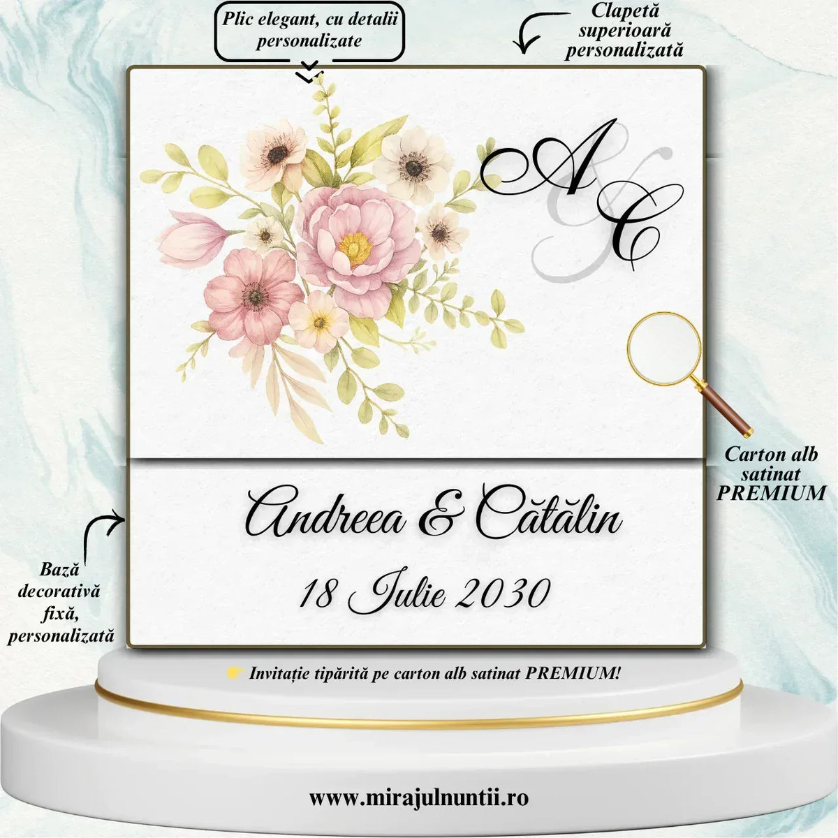 Invitație de nuntă cu flori roz în acuarelă și monogramă, plic personalizat cu numele mirilor și data – cod Miraj 7721