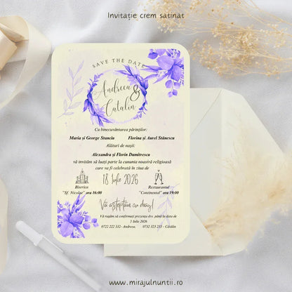 Invitație de nuntă cod Magnific C.31 cu coroniță mov și mesajul Save the date.