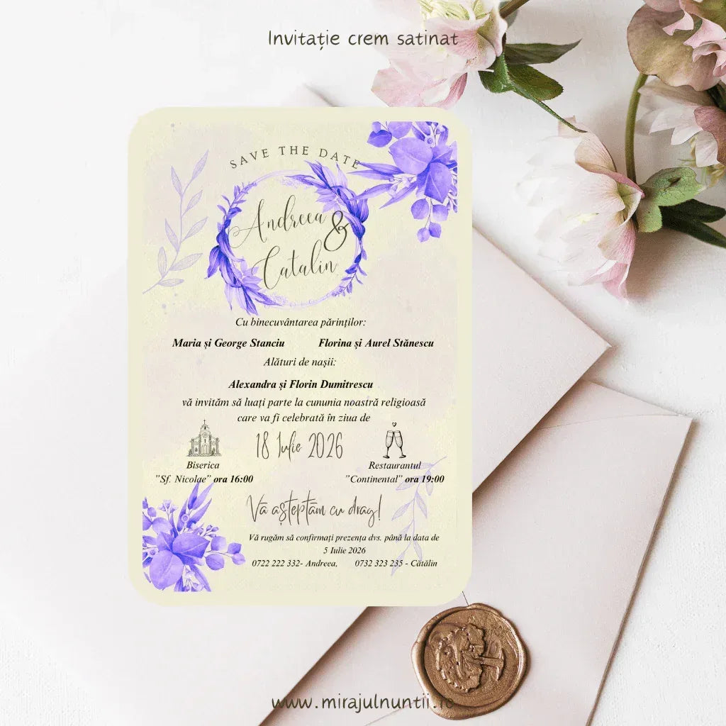 Invitație de nuntă cod Magnific C.31 cu flori mov în colțuri și nume scrise caligrafic.