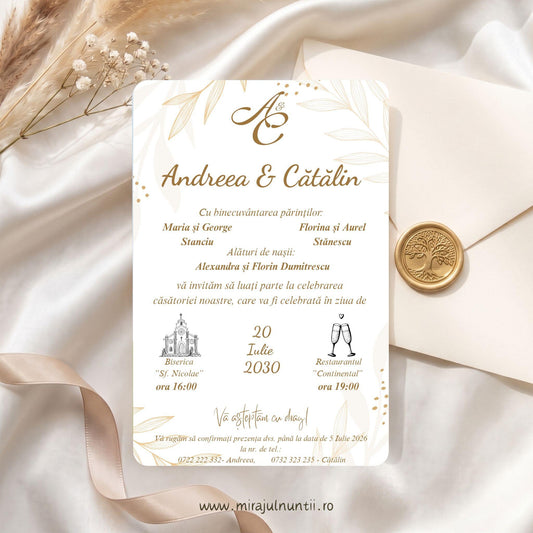 Invitație de nuntă cod C.55 cu monogramă aurie A&C, frunze și ramuri aurii desenate, buline aurii pe fond alb, texte în culoare închisă; în fundal, material satinat, plic și sigiliu din ceară (decor)