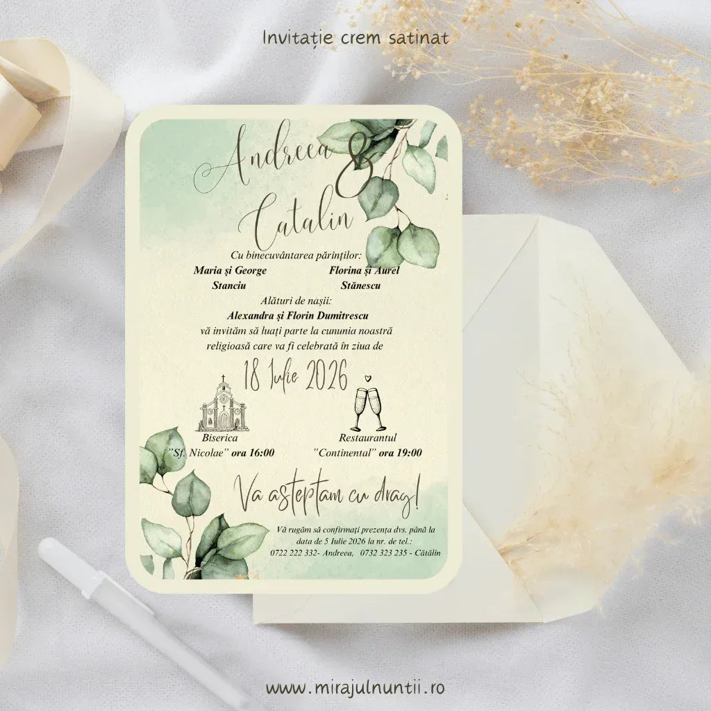 Invitație de nuntă cod Magnific C.16 pe carton crem satinat, cu frunze de eucalipt și acuarelă verde mentă.