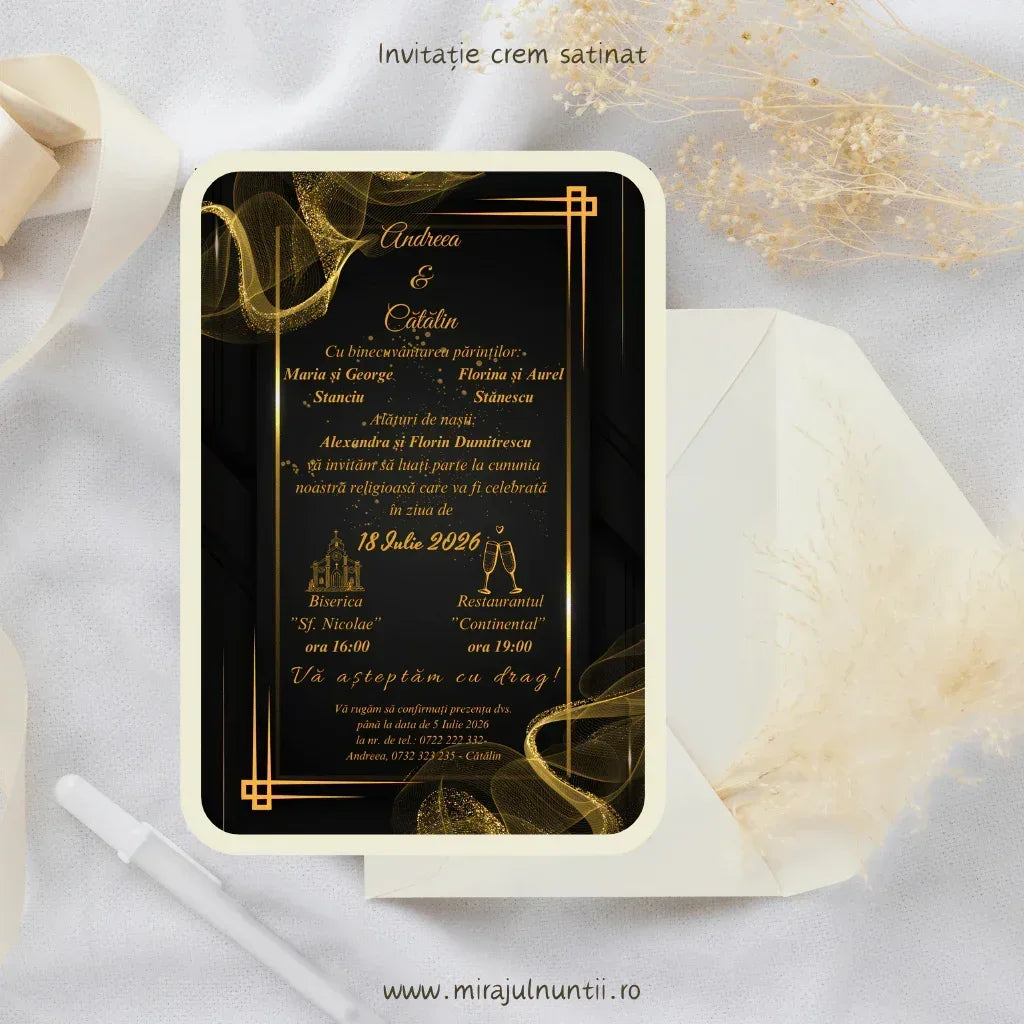 Invitație de nuntă cod Magnific C.6 cu fundal negru, fum auriu și chenar dublu auriu în stil Art Deco.