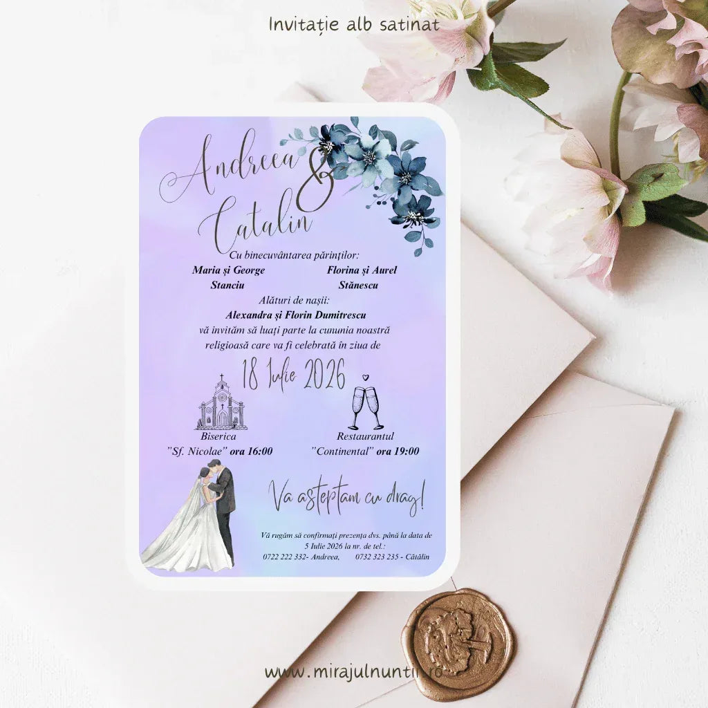 Invitație de nuntă lila cu mire și mireasă pictați în acuarelă, personalizată, cod C.20-10020