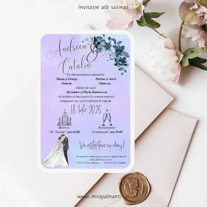 Invitație de nuntă lila cu mire și mireasă pictați în acuarelă, personalizată, cod C.20-10020