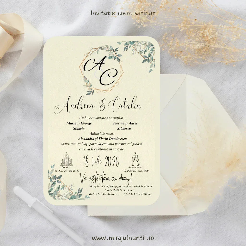 Invitație de nuntă cod Magnific C.22 cu monogramă în hexagon auriu și frunze verzi, pe fundal alb.