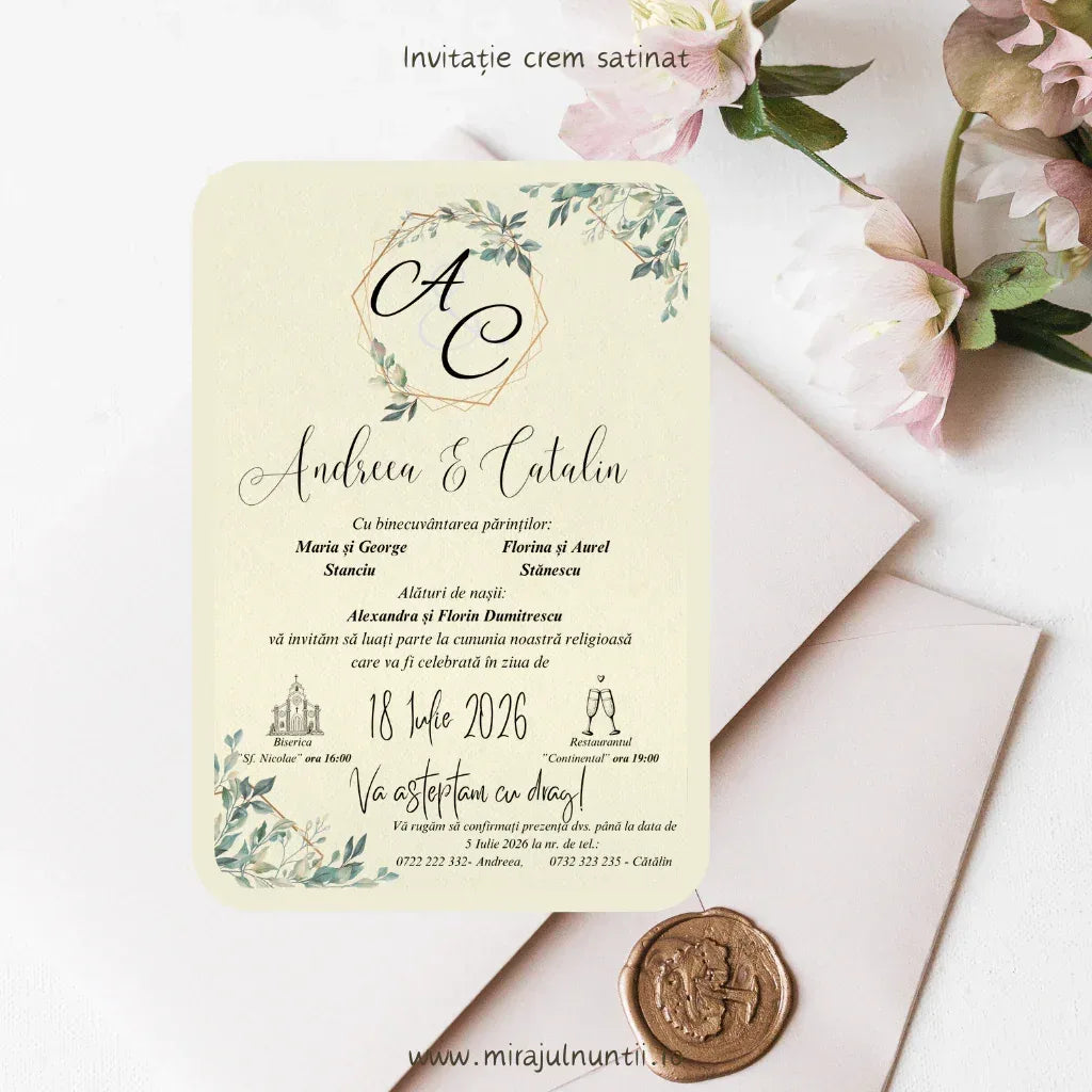 Invitație de nuntă cod Magnific C.22 cu monogramă aurie, ramuri verzi și fundal alb.