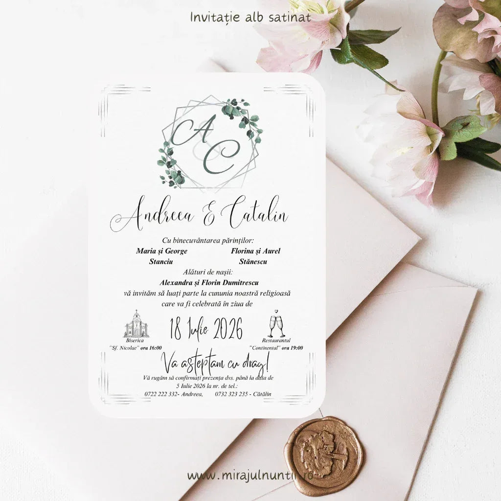 Invitație de nuntă minimalistă alb și gri, cod Magnific C.28, cu nume scrise caligrafic.