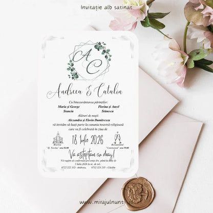 Invitație de nuntă minimalistă alb și gri, cod Magnific C.28, cu nume scrise caligrafic.