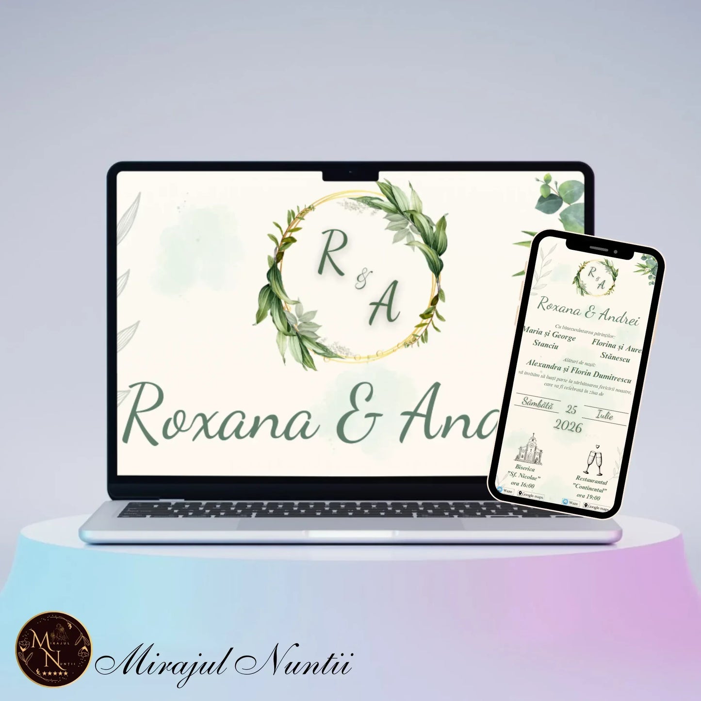 Invitație de nuntă digitală cu design botanic, frunze de eucalipt și butoane interactive afișată pe laptop și smartphone.
