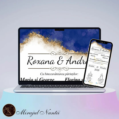 Invitație de nuntă online afișată pe laptop și smartphone, design acuarelă bleumarin cu accente aurii și butoane interactive, model CV.15 Mirajul Nunții.