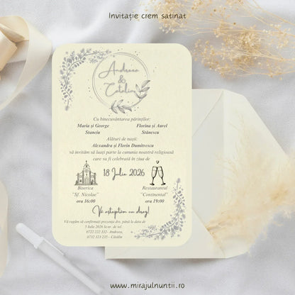 Invitație de nuntă cod Magnific C.13.2 cu ramuri fine desenate în argintiu.