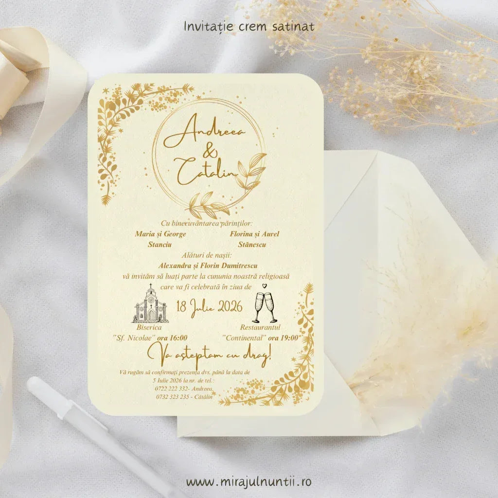 Invitație de nuntă cod Magnific C.13 cu cerc auriu și ramuri aurii, pe fundal alb.