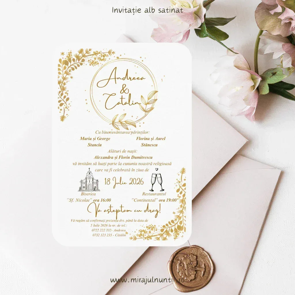 Invitație de nuntă alb și auriu cod Magnific C.13, cu numele mirilor încadrate de un cerc auriu.