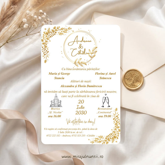 Invitație de nuntă C.13 pe carton alb, cu ramuri aurii în colțurile din stânga-sus și din dreapta-jos și cerc auriu în jurul numelor Andreea & Cătălin, cu părinții, nașii, biserica și restaurantul; plicul și sigiliul din fundal sunt decor