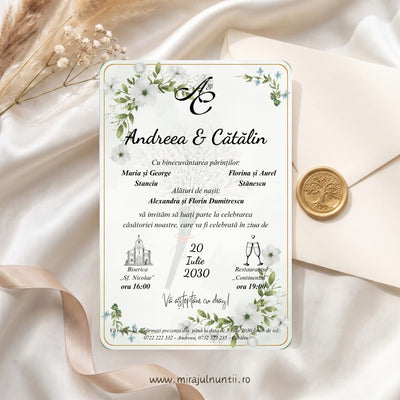 Invitație de nuntă personalizată C.10 cu ramuri verzi delicate și flori albe: numele mirilor, părinții, nașii, data, biserica și restaurantul, pe fond verde salvie pal cu ramă aurie fină, lângă un plic crem cu sigiliu auriu