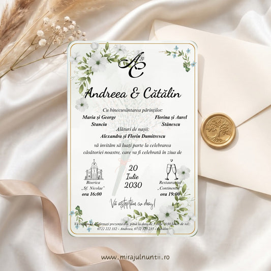 Invitație de nuntă personalizată C.10 cu ramuri verzi delicate și flori albe: numele mirilor, părinții, nașii, data, biserica și restaurantul, pe fond verde salvie pal cu ramă aurie fină, lângă un plic crem cu sigiliu auriu