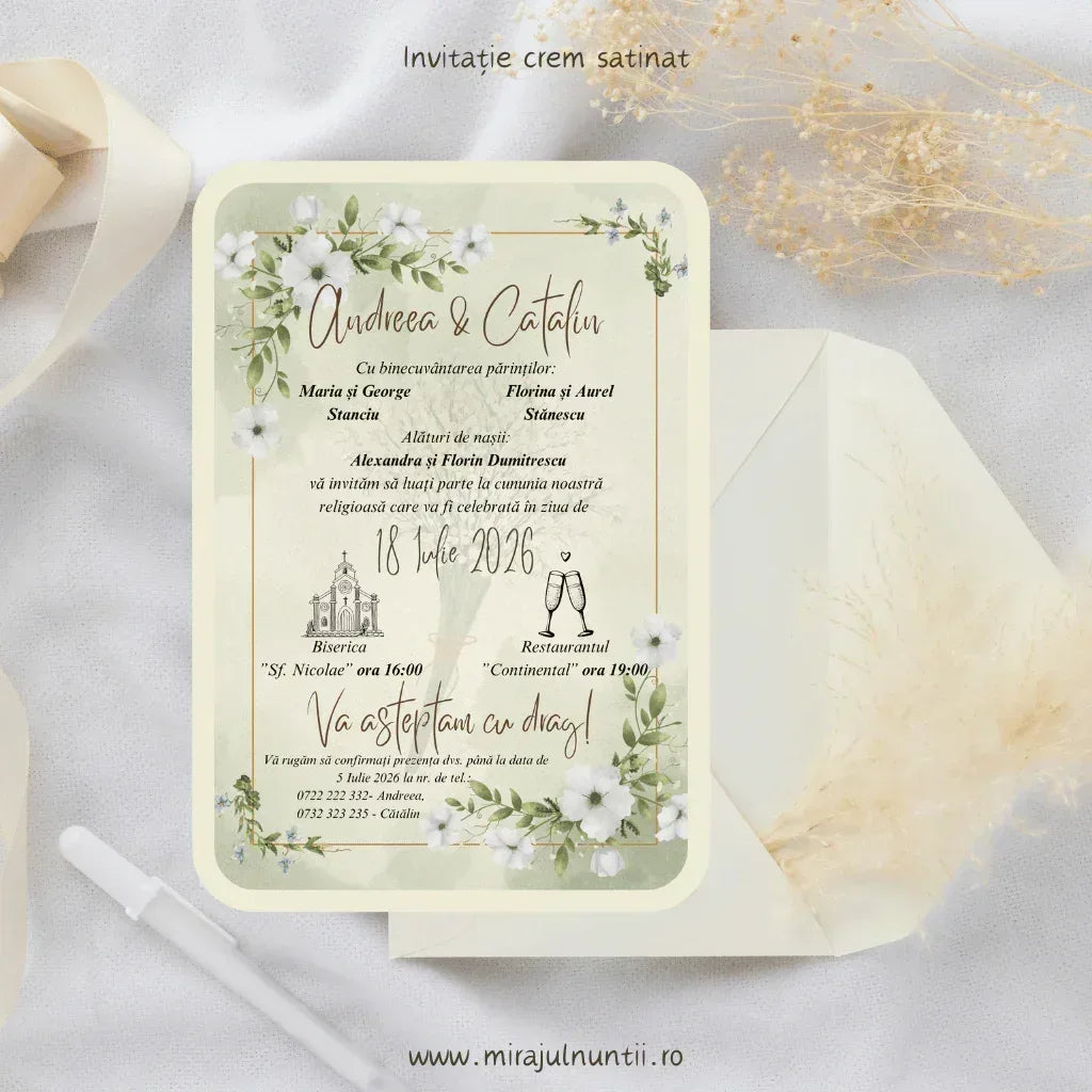 Invitație de nuntă verde salvie cod Magnific C.10, cu ramuri verzi delicate și flori albe.