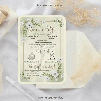 Invitație de nuntă verde salvie cod Magnific C.10, cu ramuri verzi delicate și flori albe.