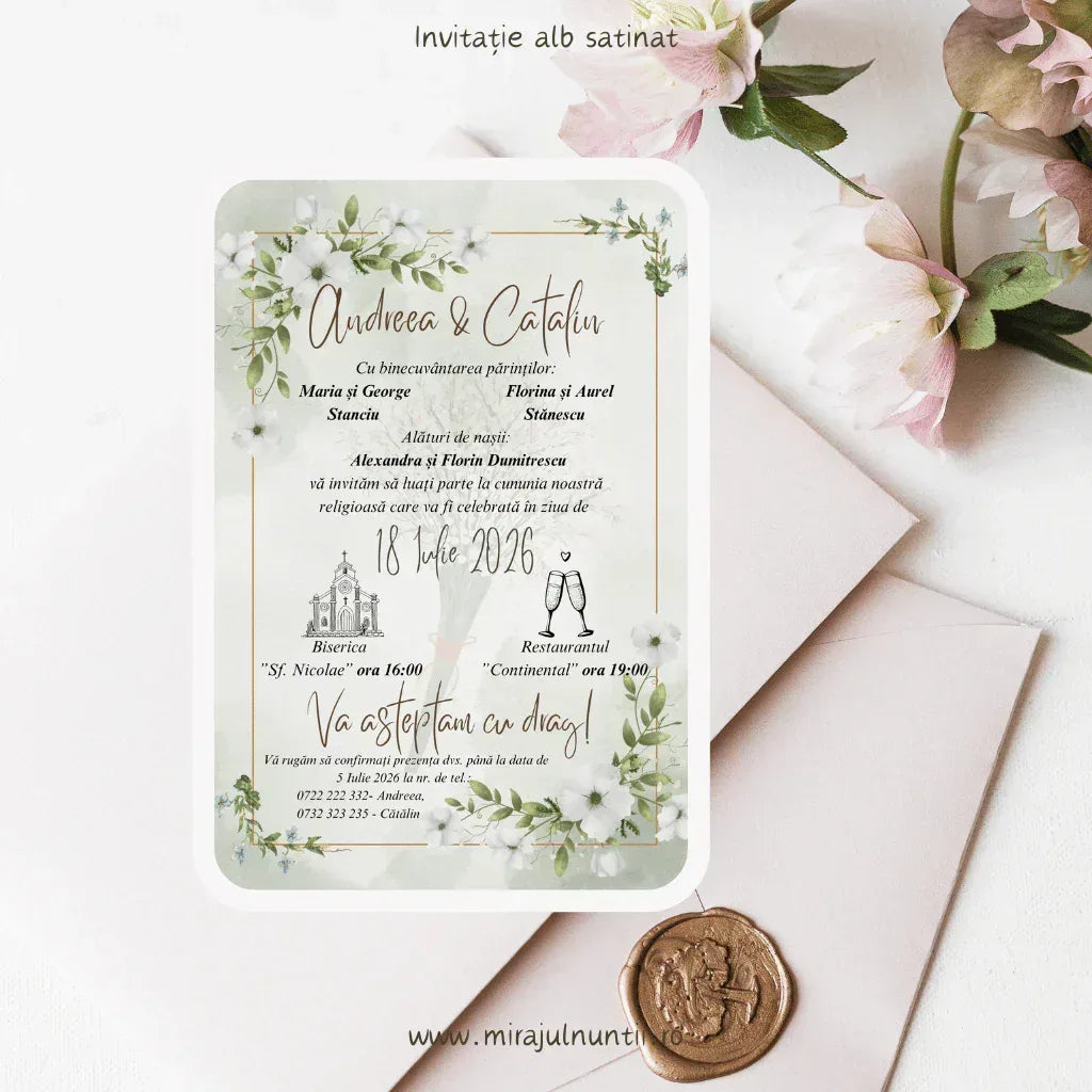 Invitație de nuntă botanică cod Magnific C.10, cu chenar auriu și numele mirilor scrise caligrafic.