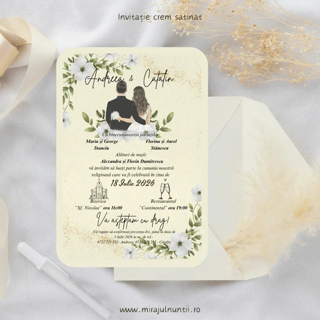 Invitație de nuntă cu siluetă miri cod Magnific C.9, cu flori albe, frunze verzi și puncte aurii.