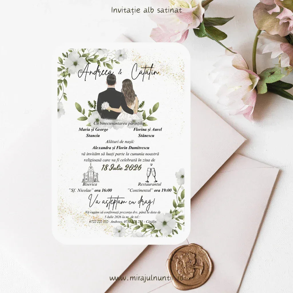 Invitație de nuntă alb și verde cod Magnific C.9, cu mirii ilustrați și numele scrise caligrafic.