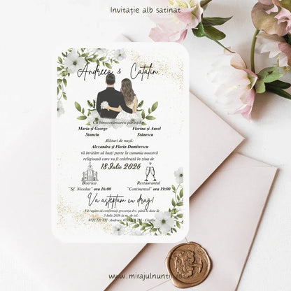 Invitație de nuntă alb și verde cod Magnific C.9, cu mirii ilustrați și numele scrise caligrafic.