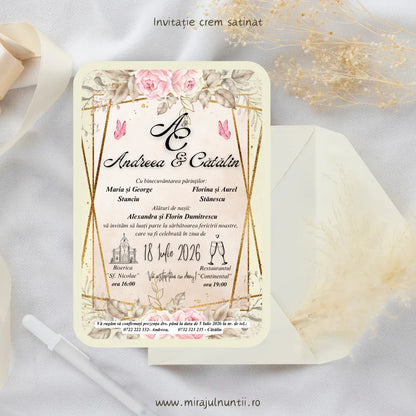 Invitație de nuntă cod Magnific C.42 cu monogramă încadrată de doi fluturi roz.