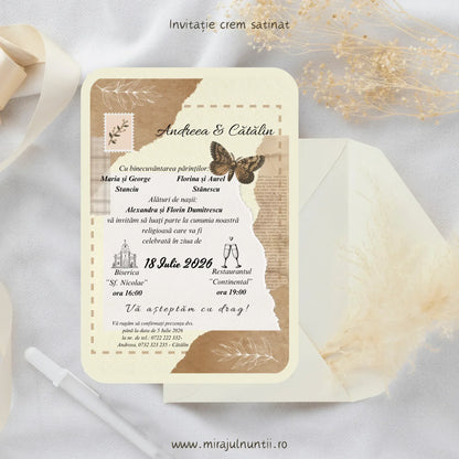 Invitație de nuntă vintage cod Magnific C.7, cu fluture maro și colaj din hârtie kraft.