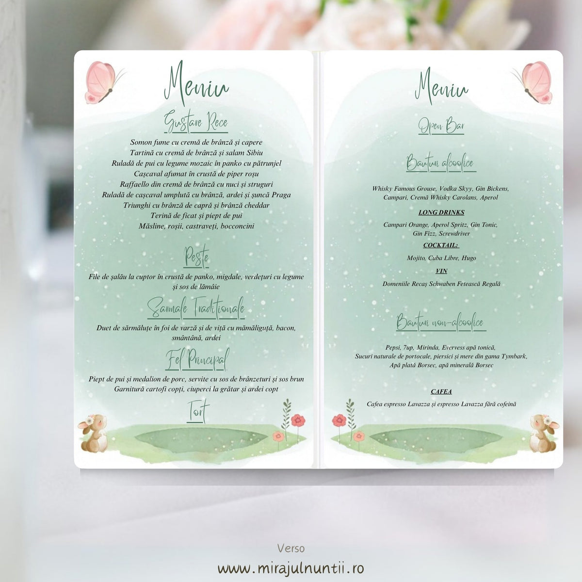 Interiorul meniului tip carte de botez B. 6036: mâncarea în stânga și băuturile în dreapta, cu fluture roz sus, iepuraș și flori de câmp pe iarbă jos, fond verde mentă