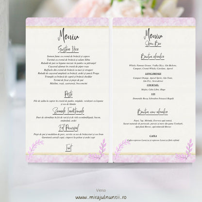 Meniu botez tip carte B.39, interior deschis: mâncarea pe secțiuni în pagina din stânga și băuturile în pagina din dreapta, pe fond crem cu bandă roz în acuarelă, linii aurii și crenguțe roz