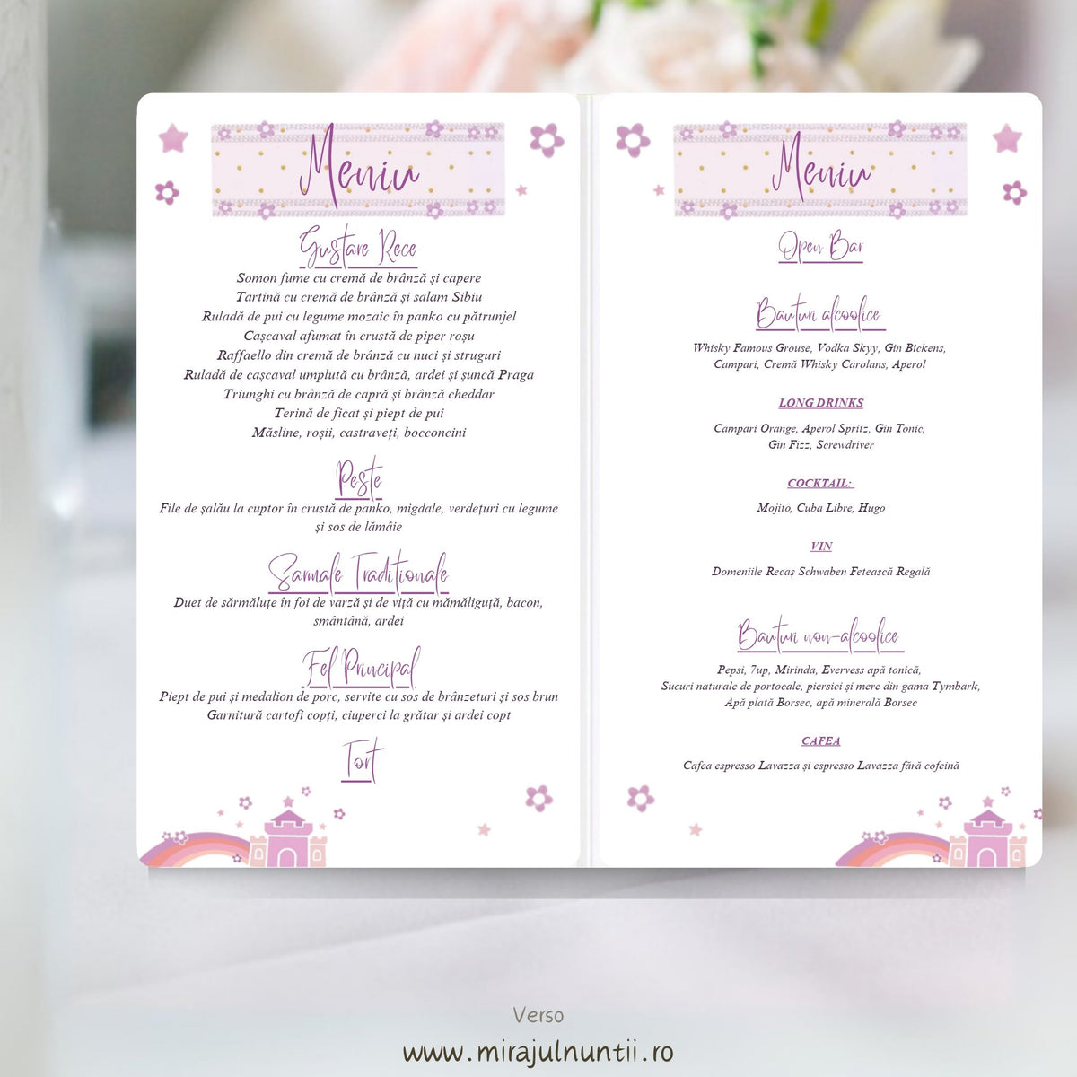 Interiorul meniului de botez tip carte deschis: în stânga mâncarea, în dreapta băuturile, cu banderolă roz „Meniu” sus, floricele și steluțe în colțuri și câte un castel mic cu curcubeu jos