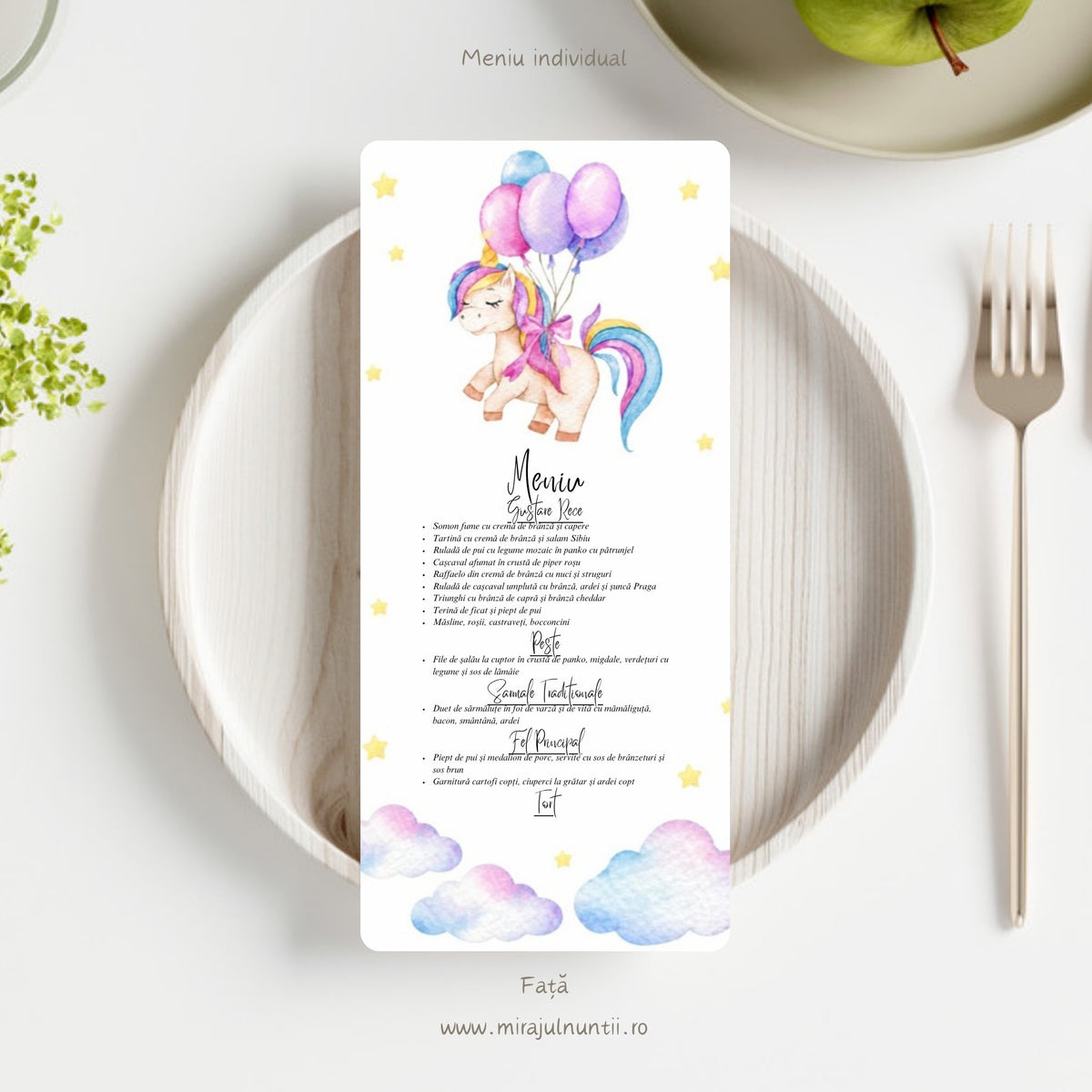Meniu individual de botez, față, pe carton alb satinat: unicorn cu baloane colorate sus, nori pastel jos și meniul cu Gustare rece, Pește, Sarmale tradiționale, Fel principal și Tort, cod Magnific B.15-20015