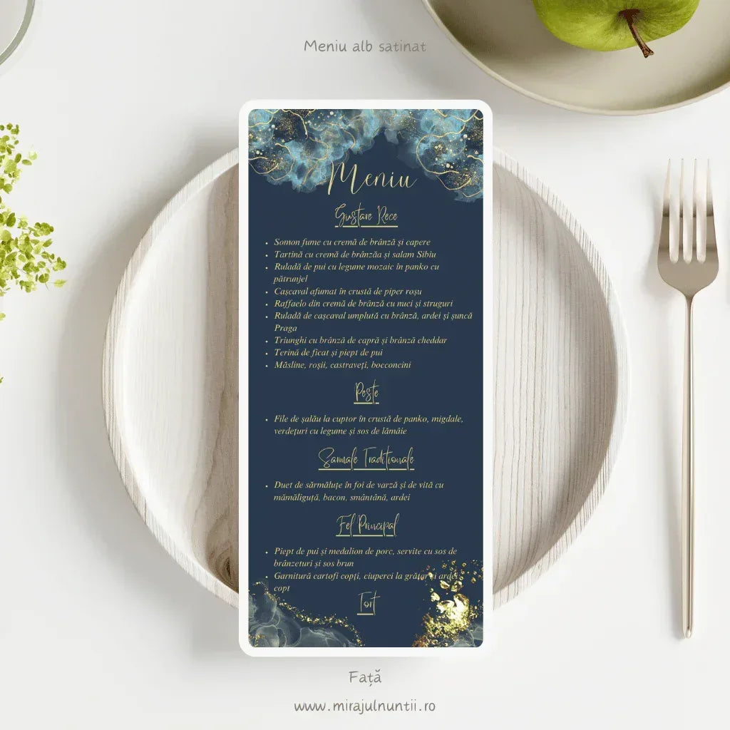 Meniu individual de nuntă vertical cu design abstract bleumarin și auriu, imprimat față-verso pe carton premium satinat, cod C.19.